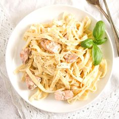 A bowl of pasta with salmon and crème fraiche. Pasta Salmon