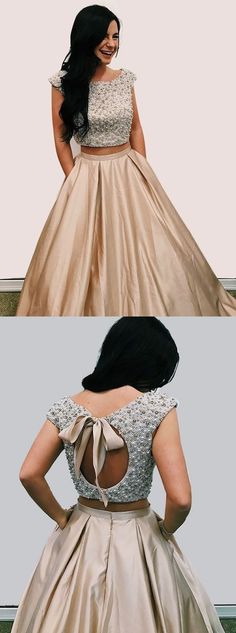 Two Piece Round Neck Open Back Satin Prom Dress with Beading Pockets by ainiprom, $194.78 USD Indian Prom Dresses, Salwar Kamiz, Beaded Prom Dress, Trendy Blouse Designs, Blouse Design Models, Satin Prom Dress