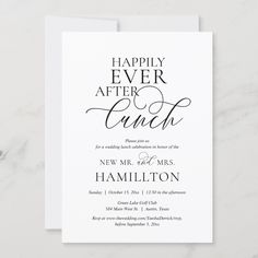 the happily ever after brunch wedding card is shown in black ink on white paper