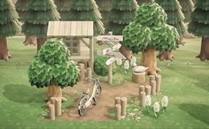 an animated image of a park with trees and a bike parked in the grass next to a wooden structure