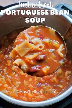 a ladle full of tortellini soup in a pot with text overlay