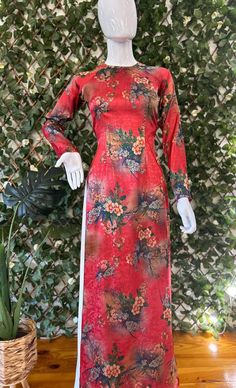 💚High quality Red Floral Brocade Silk Ao Dai material, cool and slightly elastic 💚This is a model of Ao Dai with elegant, polite style, meticulous to every detail Product information: 💚The product has a slight stretch 💚Feminine elegant color 💚We sell the Ao Dai and pants separately; you can buy only Ao Dai or Ao Dai +Pants  💚The matching pants can be White or Yellow pants. Please let me know the pants color you choose when you place order the pants 💚It's Asian size, it may run out 1-2 sma Elegant Red Printed Midi Dress, Elegant Red Printed Dress, Red Formal Fitted Ao Dai, Red Fitted Ao Dai For Formal Occasions, Elegant Red Long Sleeve Ao Dai, Stretch Red Printed Dress, Red Fitted Ao Dai, Red Floral Print Sheath Dress, Long Red Dress For Spring