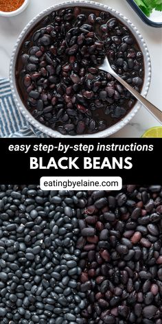 A white bowl of cooked black beans above a photo of dry and cooked black beans side by side. How To Make Black Beans From Dry Beans, How To Make Black Beans, Dry Black Bean Recipes, How To Cook Black Beans, Beans Stovetop, Black Bean Recipes Easy, Black Beans From Scratch, Dry Black Beans, Cook Black Beans