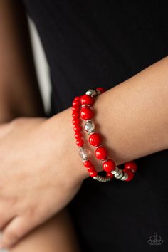 Colorful Collisions Red  ✧ Bracelet Bracelet Red Bracelet, Red Bracelets, Paparazzi Accessories, Blue Gems, Stretchy Bracelets, Affordable Jewelry, Red Bead, Faceted Crystal, Shiny Silver