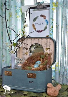 an old suitcase is filled with birds nest decorations and bird figurines on display