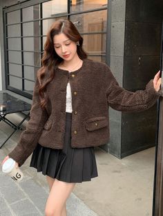 Women's Solid Color Short Thick Regular Winter Jacket Brown Casual  Long Sleeve Fabric Plain Teddy Non-Stretch Fall/Winter Women Clothing, size features are:Bust: ,Length: ,Sleeve Length: Long Sleeve Fleece Jacket For Winter Workwear, Winter Workwear Fleece Jacket With Long Sleeves, Winter Fleece Jacket For Work With Long Sleeves, Winter Long Sleeve Blazer For Cold Weather, Short And Thick, Retro Women, Color Shorts, Inspiration Mode, Kids Beachwear