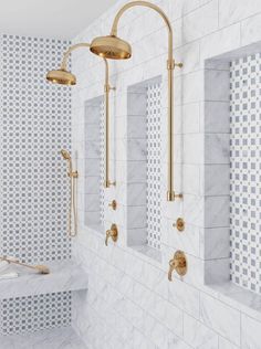 Marble Walk In Shower with Thassos Octagon With Azul Cielo Squares Marble Mosaic Tile Niche and Accent Wall White Marble Shower, Future Mansion, Carrara Marble Tile, White Marble Tiles, Marble Showers, Shower Floor Tile, Gorgeous Tile, Shower Niche, Marble Mosaic Tiles