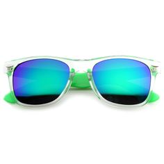 A cool fresh twist to the classic horned rim frame that features a clear translucent front frame, bright colored arms and color mirror lenses. Made with an acetate based frame, metal hinges and flash mirrored UV protected lenses. Measurements: 52-18-42 / 138mm Wayfer Sunglasses, Colorful Mirror, 90s Sports, Intelligence Service, Color Mirror, Four Eyes, Metal Hinges, Cheap Sunglasses, Wayfarer Sunglasses