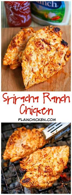 grilled chicken on the grill with text overlay that reads sriracn ranch chicken