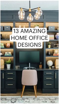 a home office with shelves, desk and chair in the middle is featured on this page