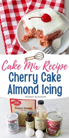 cake mix recipe for cherry cake with almond icing on a white plate and red checkered tablecloth