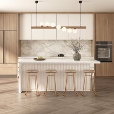 a kitchen with marble counter tops and wooden stools