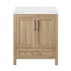 a bathroom vanity with a white sink and wooden cabinetry on the side, against a white background