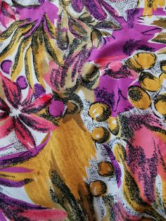 Vintage oversized tropical print blouse from the 1980's. Women's button up top with exotic flowers print in bright colors - purple, magenta,mustard yellow, green and white. Has short sleeves and boxy shape. Material: Not marked. Feels like cotton-viscose blend. Size: Missing tag. Fits like women's M. To be sure this item would fit you, please look at the measurements below. Approximate measurements (taken when shirt is lying flat, double armpit to armpit and waist): Shoulder to shoulder (from se Vibrant Tropical Print Blouse For Beach, Vibrant Floral Print Beach Blouse, Vibrant Floral Print Blouse For Beach, Pink Floral Print Tropical Hawaiian Shirt, Pink Tropical Hawaiian Shirt With Floral Print, Tropical Pink Hawaiian Shirt With Floral Print, Multicolor Floral Print Hawaiian Shirt For Summer, Multicolor Floral Print Hawaiian Shirt For Beach, Tropical Style Multicolor Printed Blouse