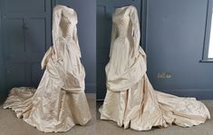 A truly spectacular vintage wedding dress by Sylvia Mansell, dating to the 1940s / 1950s. A superb design - the dress manages to look antique, vintage and contemporary at the same time - sharp mid century modern tailoring meets 1880s bustle dress, the clean sculptural lines and Victorian inspiration reminiscent of the work of Charles James. Four pieces all together - the dress in one piece, bustle petticoat, veil and a copy of the original wedding photograph. The dress is in silk, glossy and smo Disco Glam, Bustle Skirt, Charles James, Bustle Dress, Wire Headband, Silk Wedding Dress, Silk Wedding, Wedding Etsy, The Veil