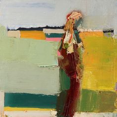 an abstract painting of a woman standing in front of green, yellow and red stripes