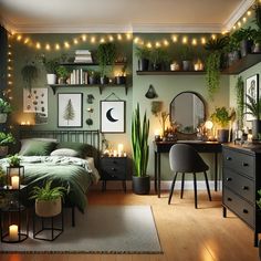 a bedroom decorated with plants and lights