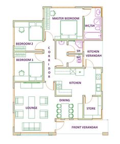 the floor plan for a two bedroom apartment with an attached kitchen and living room area