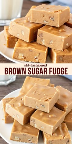 brown sugar fudge is stacked on top of each other and ready to be eaten