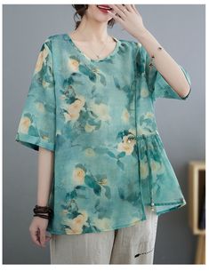 Sku CY-!120955 Material Cotton Style Literary Feature Printed Neckline Round Occasion Going out , Casual , Vintage Seasons Spring, Summer, Autumn Type Shirt Color Pink, Blue, Green Size M, L, XL, 2XL Size Chart: Please consult the size chart we provide for this item's measurements to help you decide which size to buy. Please note: There may be 1-3cm differ due to manual measurement. CM Bust Shoulder Sleeve Waist Hip Thigh Length One size / / / / / / / S / / / / / / / M 102 40 30 / / / 66 L 106 4 Green Crew Neck Blouse For Spring, Green Crew Neck Blouse For Summer, Summer Green Blouse With Crew Neck, Green Printed Crew Neck Blouse, Casual Green Printed Blouse, Green Printed Spring Tops, Casual Green Printed Tops, Green Floral Print Tops With Relaxed Fit, Green Floral Print Short Sleeve Top