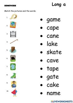 worksheet for long a with pictures and words to help students learn how to read