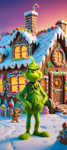 the grinch is standing in front of his gingerbread house