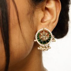 The Aria Hara Chand Earrings are one of our favorite studs that are the perfect mix of contemporary and traditional Indian fashion. Dainty pearls surround a dark green moon shape of stones with a starflower of polki-like stones. India Inspired, Green Moon, Moon Shape, Moon Shapes, Traditional Indian, Gold Material, Free Giveaway, Indian Fashion, Semi Precious