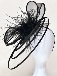 Modern Artistic Spiral Fascinator Headband, Large Crinoline Bow ( 12") with Deep Beige Marabou Ostrich feather with Spiral Rings.... This can be worn on both sides Spiral circles in front for a very Vogue Look or Spirals in the Back.... with the Bow in the front of headband Look closely at the  photos. Black Spring Headband Fascinator, Black Fascinator With Pinched Crown, Elegant Black Feather Fascinator, Artist Hat, Black Vintage Fascinator, Black Feathered Headband Fascinator, Kentucky Derby Fascinator, Fascinator Headband, Tea Party Hats