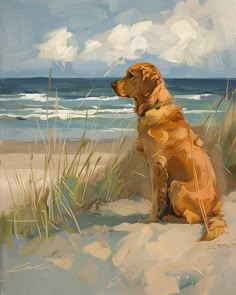 a painting of a dog sitting in the sand at the beach looking out to sea