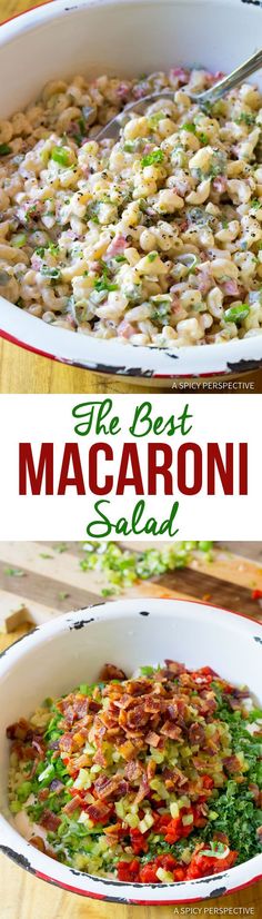 the best macaroni salad is in a large white dish with red and green toppings