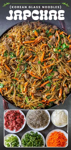 korean glass noodles with carrots, broccoli, and other ingredients in bowls