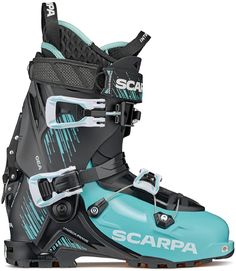 the scarra ski boot is shown in blue and black