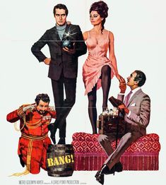 a movie poster for the film bang with two men and a woman sitting on a couch