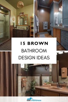 A collage of modern and classic brown bathroom designs, featuring elegant vanities, tiled walls, and a variety of earthy tones. Brown Tile Master Bath, Bathroom Ideas With Brown Granite, Bathroom With Brown Tile, Bathroom Color Schemes Brown, Brown Tile Shower, Beige And Brown Bathroom