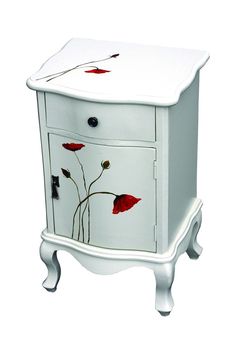 a white cabinet with red flowers painted on the front and side drawers in different colors