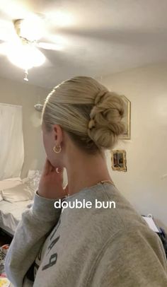 Braid And Bubble Hairstyles, Hair Simple Updos, Volleyball Hairstyles Space Buns, Plait Into Bun Hairstyles, How To Do 2 Low Messy Buns, Vertical Buns Hairstyle, Wavy Space Buns, Pig Buns Hairstyles, Easy Blonde Hairstyles