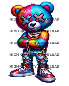 a painting of a teddy bear dressed in colorful clothing and sneakers, standing with his arms crossed