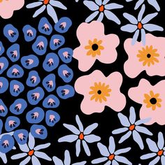 an image of colorful flowers on black and pink background with blue dots in the middle