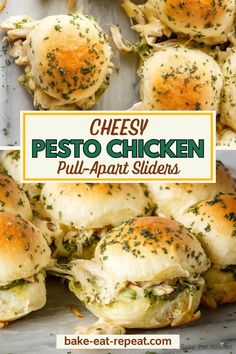 cheesy pesto chicken pull - apart sliders are the perfect appetizer