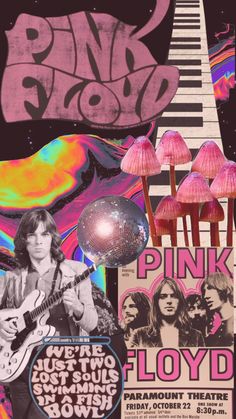 an image of pink floyd concert poster with the band's name and images on it