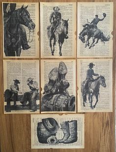 four old book pages with cowboy images on them