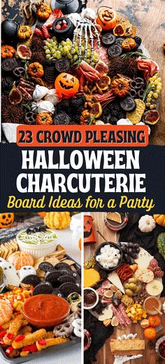 halloween party food and decorations with text overlay that reads, 23 crowd pleasing halloween charure