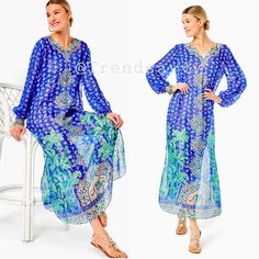 Nwt Lilly Pulitzer Jupiter Silk Maxi Caftan Size S/M Brand New With Tags - 100% Authentic Made From Gauzy Masterpiece Print Silk With Shimmering Metallic Details, The Jupiter Caftan Is The Season's Most Opulent Look. Go From Poolside To Party With Its Easy Fit Silhouette, Notch Neckline, Long Blouson Sleeves, And Breezy Side Slits. Layer Over Your Favorite Swimwear For Daytime Glam, Or Wear With Its Jersey Slip And A Pair Of Sparkling Sandals For Evening Elegance. Easy Fit Ankle Length Caftan Wi Blue Long Sleeve Maxi Dress For Vacation, Blue Long Sleeve Maxi Dress For Beach, Blue Floral Print Long Sleeve Kaftan, Blue Long Sleeve Kaftan With Floral Print, Bohemian Royal Blue Maxi Dress, Blue Long Sleeve Beach Cover-up Dress, Bohemian Long Sleeve Royal Blue Dress, Bohemian Royal Blue Long Sleeve Dress, Royal Blue Long Sleeve Bohemian Dress