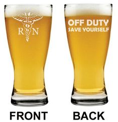 two beer glasses with the words off duty save yourself and an emotive cross