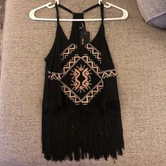 Adorable Black Fringe Top With Detailed Embroidery. Never Worn. New With Tags. Summer Black Tops With Geometric Embroidery, Black Tops With Geometric Embroidery For Summer, Black Embroidered Festival Tops, Black Top With Geometric Embroidery For Festivals, Black Tops With Geometric Embroidery For Festivals, Black Fringe Top, Detailed Embroidery, Fringe Top, Love Culture