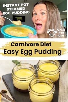 a woman holding a spoon with some food in front of her and the words carnivor diet easy egg pudding