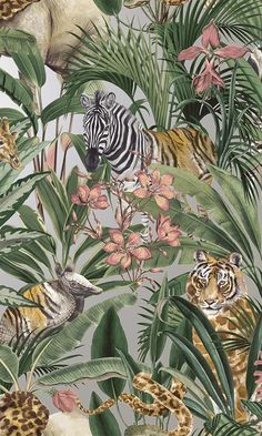 tropical jungle wallpaper Painter And Decorator, Silver Wallpaper, Jungle Wallpaper, Tropical Wallpaper, Metallic Wallpaper, Tropical Foliage, Botanical Wallpaper, In The Jungle, Giraffes