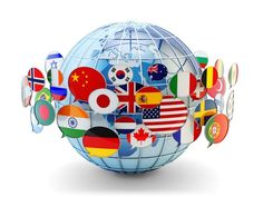 an image of a globe with many different flags on it's sides and the words world in all languages