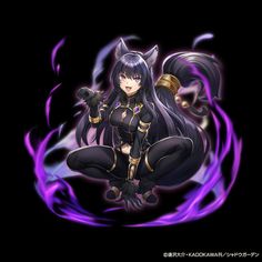 an anime character sitting on the ground with purple flames around her