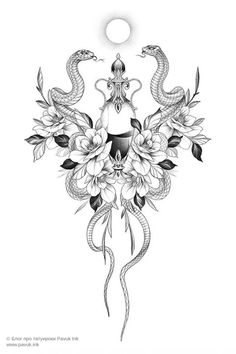 a black and white drawing of two snakes on top of flowers with the moon in the background